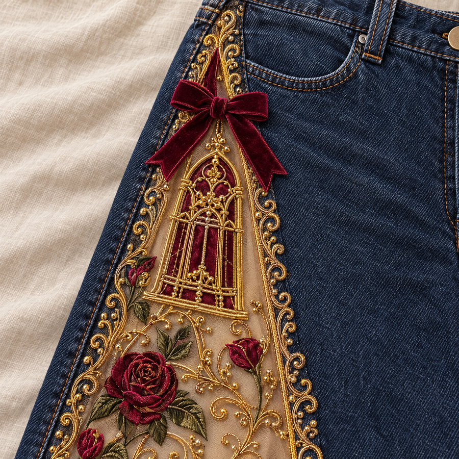 Embroidered rose panel and velvet bow close-up