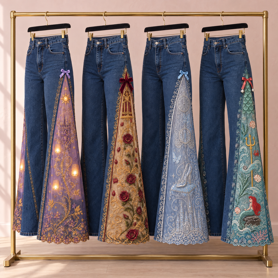 All four Royaljeans princess flare jeans on a gold rail