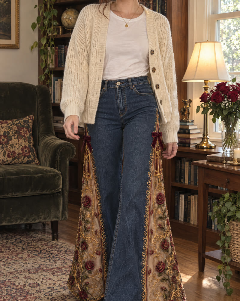 A woman wearing Royaljeans Enchanted Rose flare jeans in a cozy home library